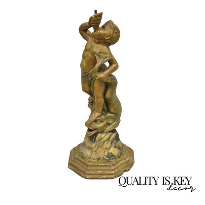 Antique Terracotta Italian Classical Boy Putti & Dolphin Statue Garden Fountain