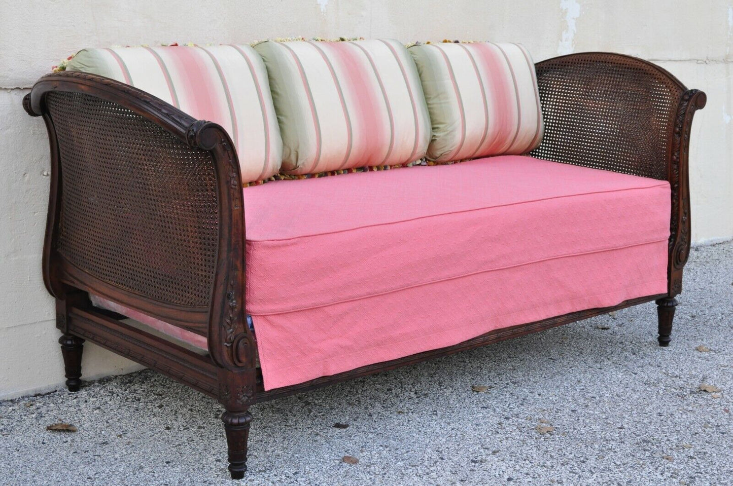 19th C. French Louis XVI Carved Walnut & Cane Daybed Sofa with Custom Mattress