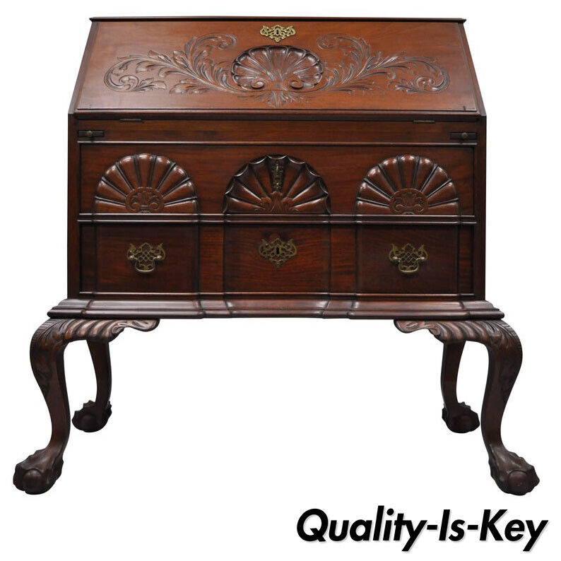 19th C Chippendale Style Mahogany Block Front Shell Carved Secretary Desk Lowboy