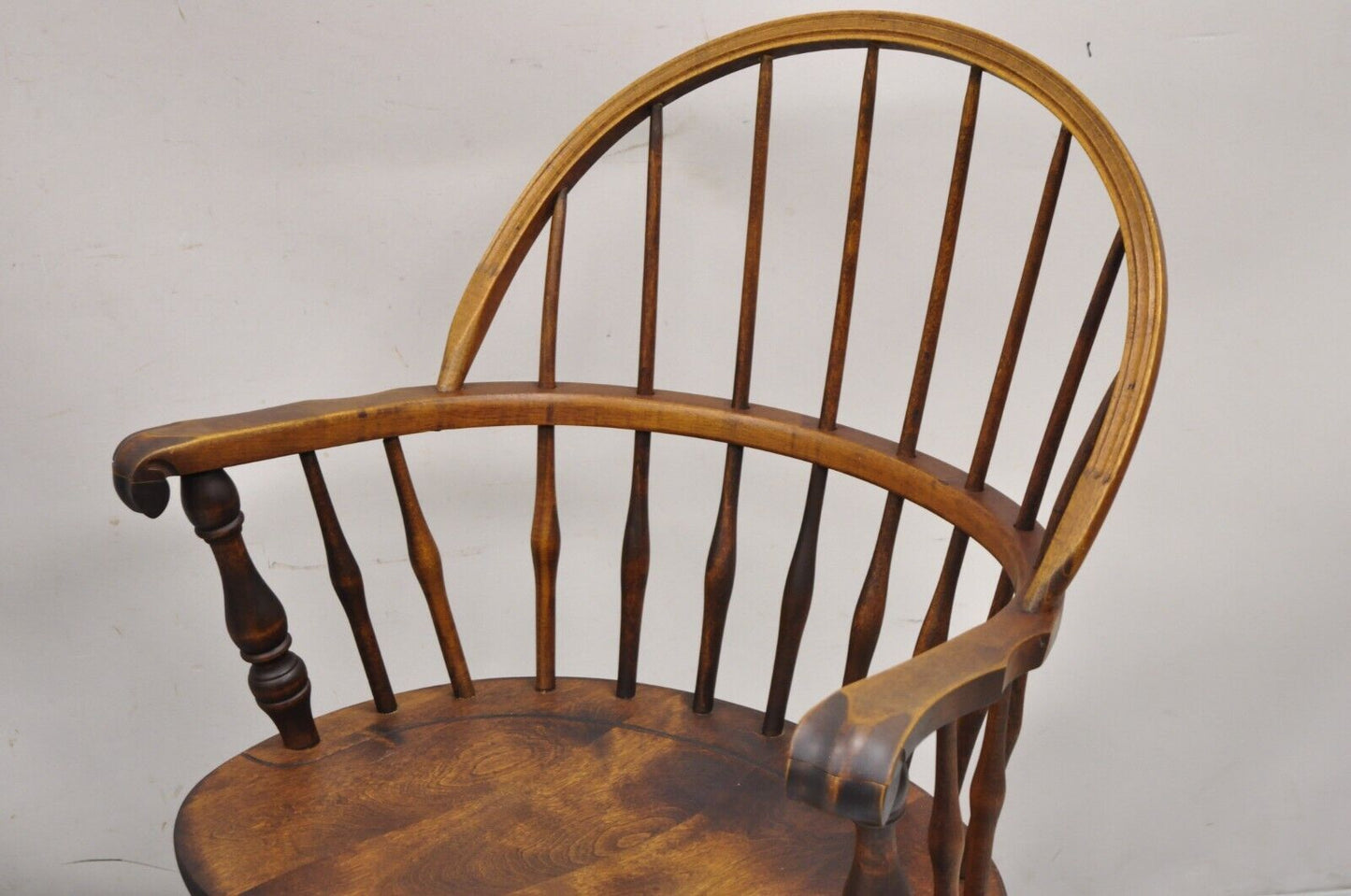 Nichols & Stone Rock Maple Wood Bowback Colonial Windsor Arm Chairs - a Pair