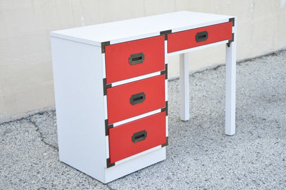 Vintage Modern Campaign Style Red White Formica Hollywood Regency Writing Desk
