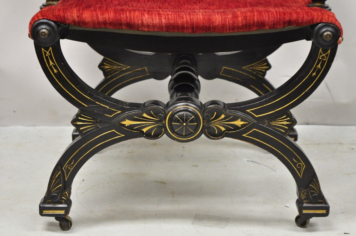 Antique Victorian Aesthetic Movement Ebonized Curule Throne Arm Chair with Lions