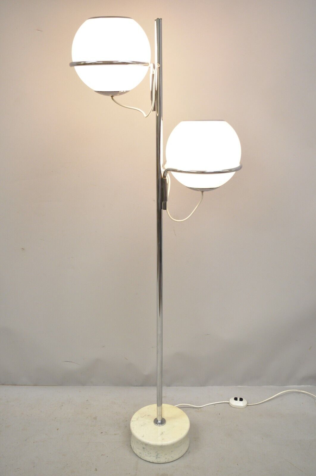 Reggiani Mid Century Italian Modern Double Glass Orb Chrome Marble Floor Lamp