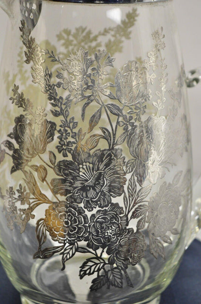 Cambridge Floral Sterling Silver Overlay Glass Lemonade Pitcher w/ Ice Caddy