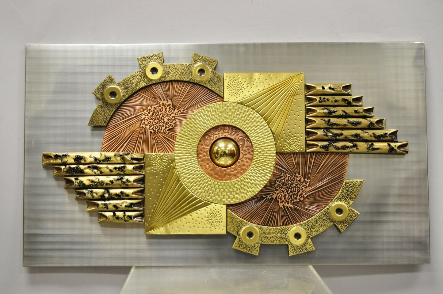 Vintage Stephen Chun Mid Century Brutalist Brass Copper Abstract Wall Art