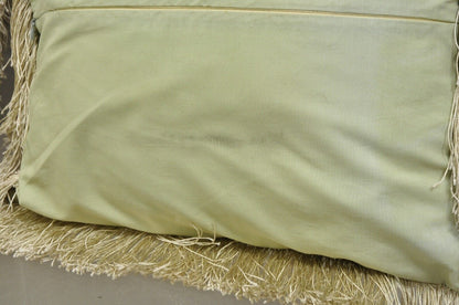 Vintage 17" Green Silk Embroidered Victorian Style Pillow with Fringe - a Pair