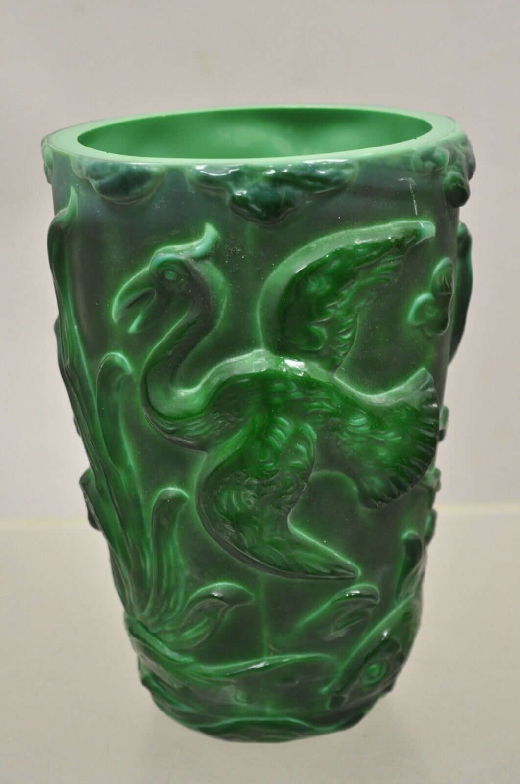 Vintage Art Deco Green Glass "Malachite" Bird and Fish Vessel Vase