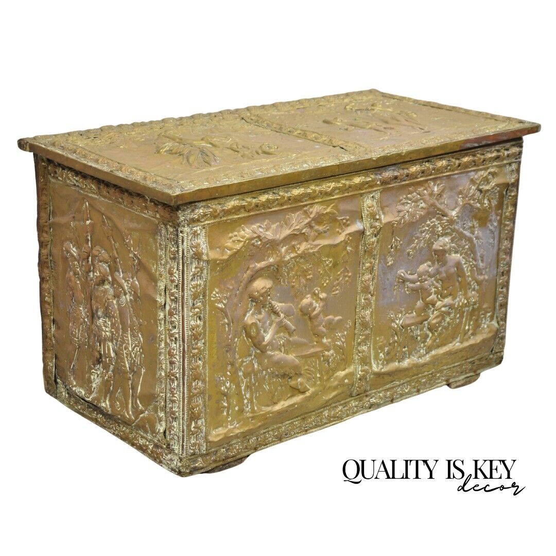 19th C. English Victorian Figural Repousse Brass Clad Coal Bin Storage Chest