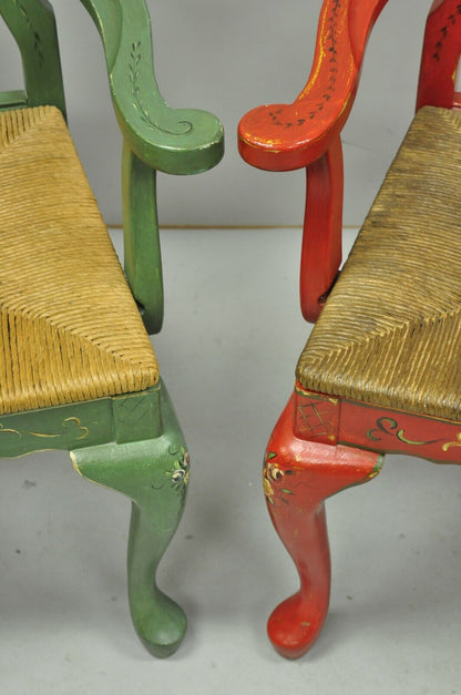 Pair of Vintage Queen Anne Style Green and Red Rush Seat Arm Chairs