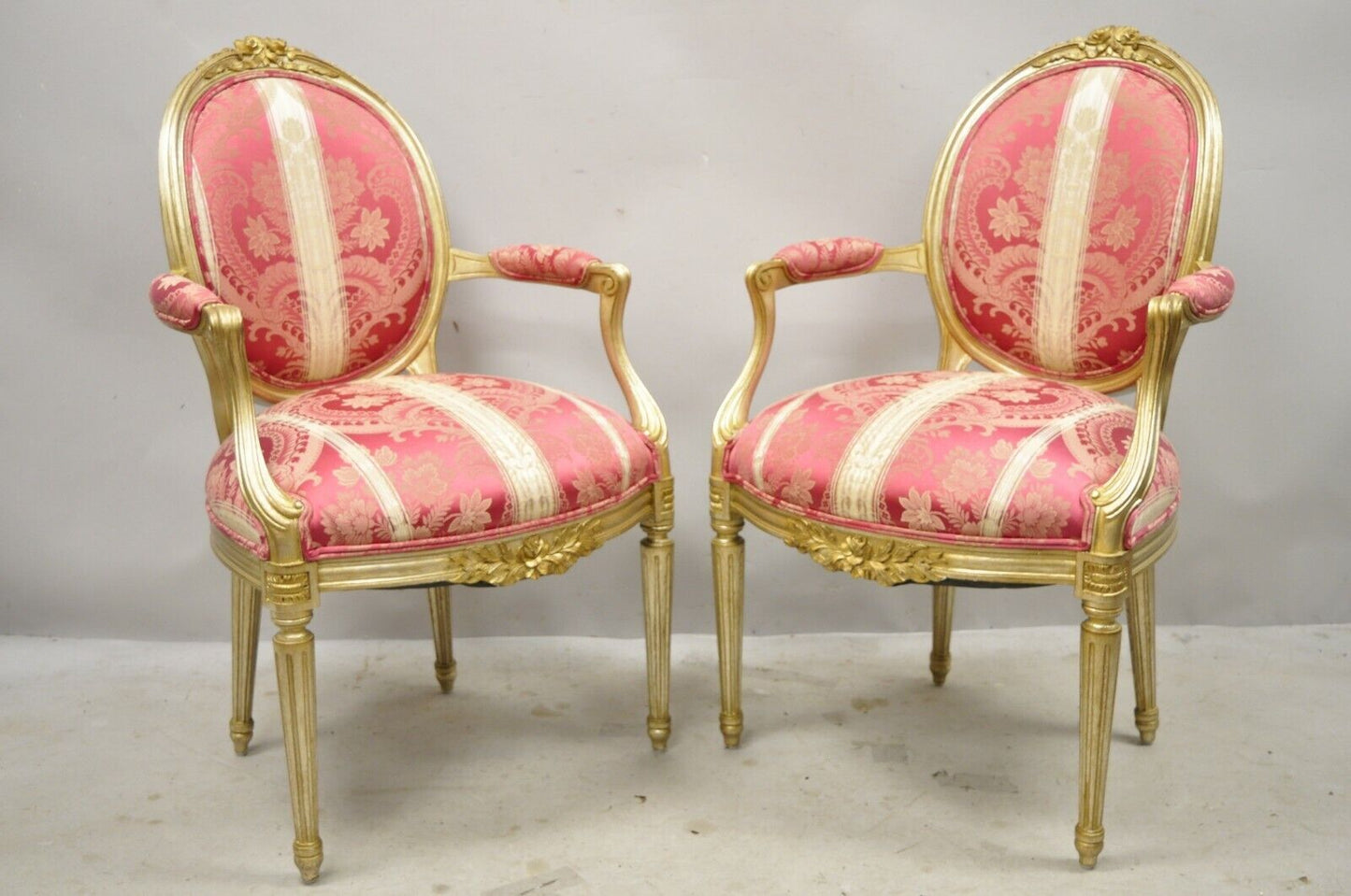 French Louis XVI Style Silver Gold Gilt Pink Damask Oval Back Arm Chairs - Pair