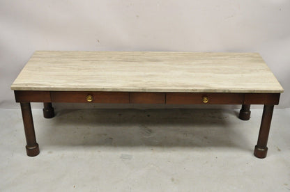 Vintage Empire Style Custom Mahogany Marble Top Coffee Table with 2 Drawers