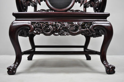 Pair of Vintage Oriental Dragon Carved Rosewood Lounge Throne Chair Armchairs