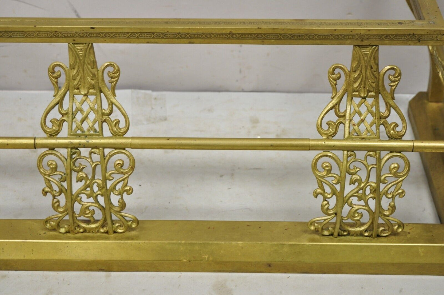 Antique 58" Victorian Brass Scroll Accented Fireplace Hearth Fender Surround