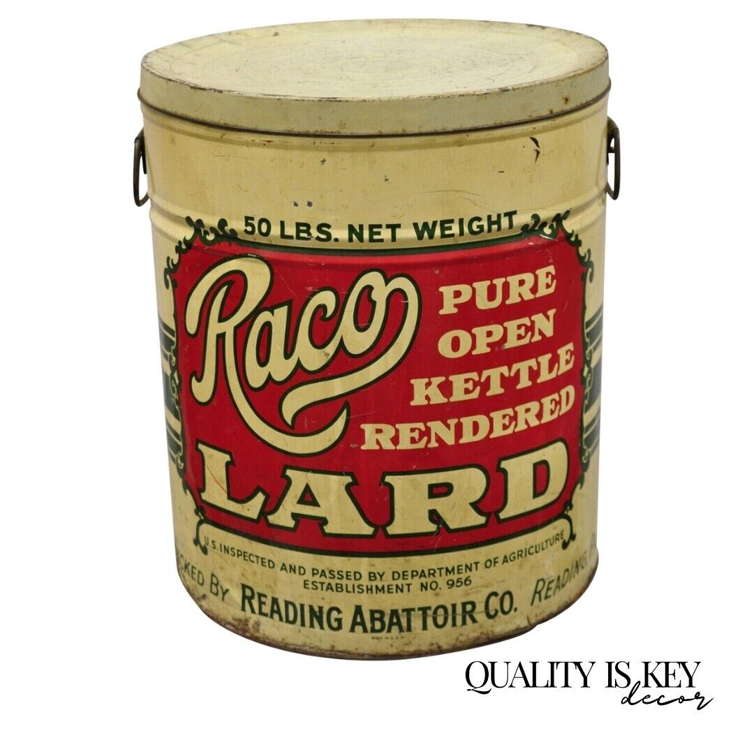 Antique Raco 25 lbs. Advertising Lard Tin Can Reading PA Twin Handles