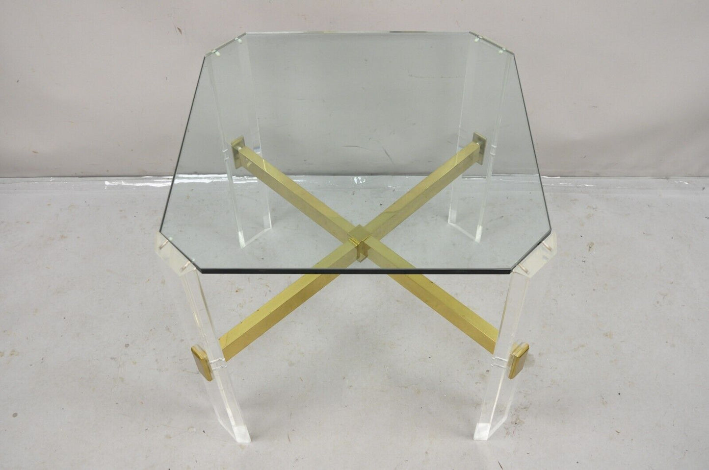 Mid Century Modern Lucite & Glass Top Occasional Side Table w Brass Stretcher