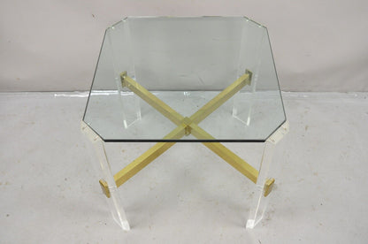 Mid Century Modern Lucite & Glass Top Occasional Side Table w Brass Stretcher