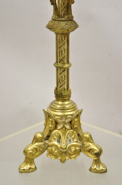 Antique Gothic Revival Gold Bronze Figural Candelabra Table Lamps - a Pair