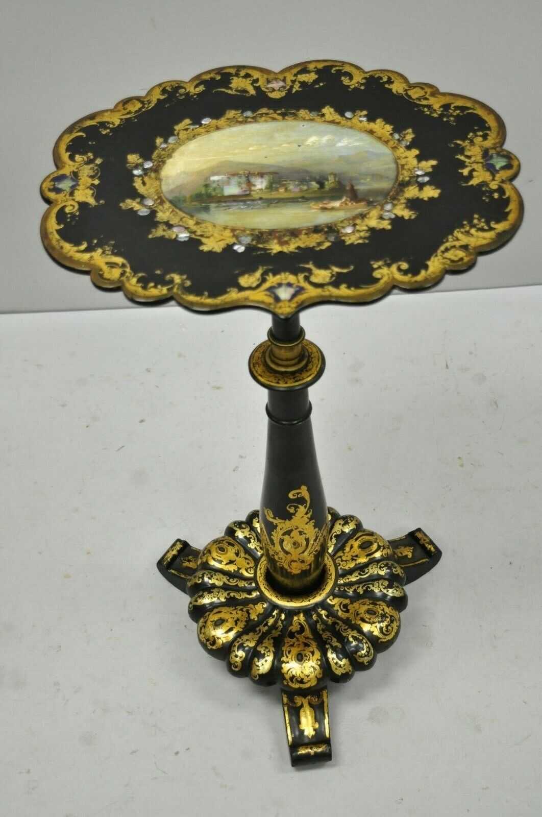 Antique 19th C. Victorian Papier Mache Mother of Pearl Inlay Pedestal Side Table