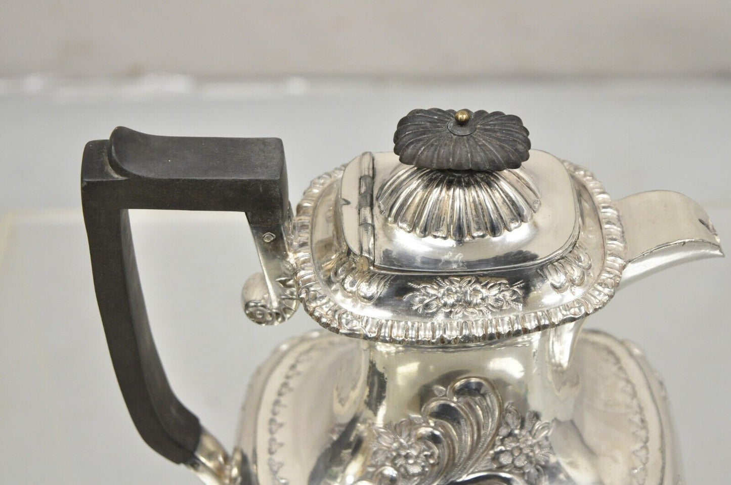 Antique English Victorian Silver Plated Floral Repousse Coffee Pot Teapot