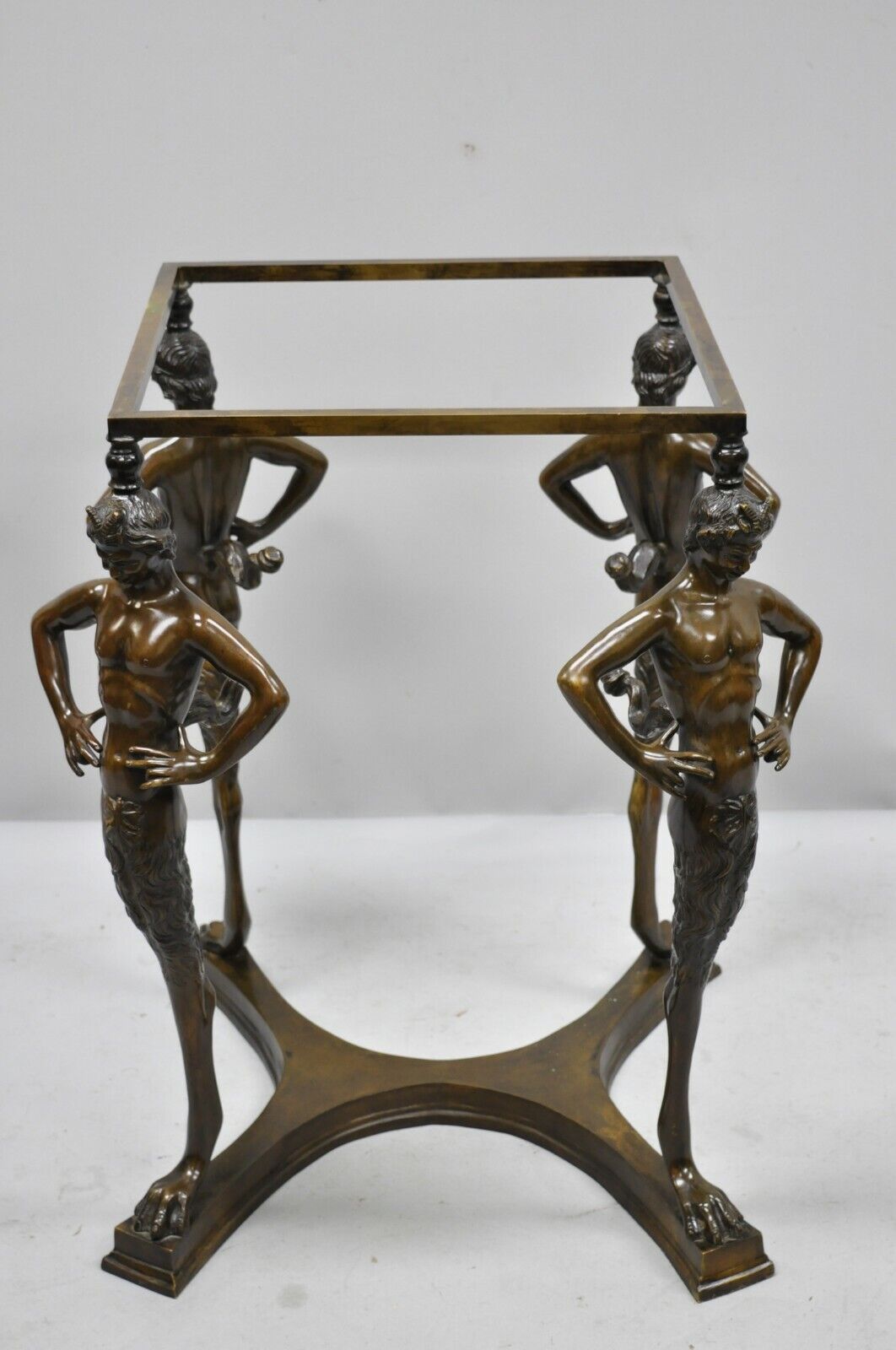 20th C. Cast Bronze Satyr Figural Pedestal Base Glass Top Dining Center Table