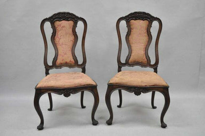 Set of Six Antique Italian Baroque Carved Walnut French Style Dining Chairs