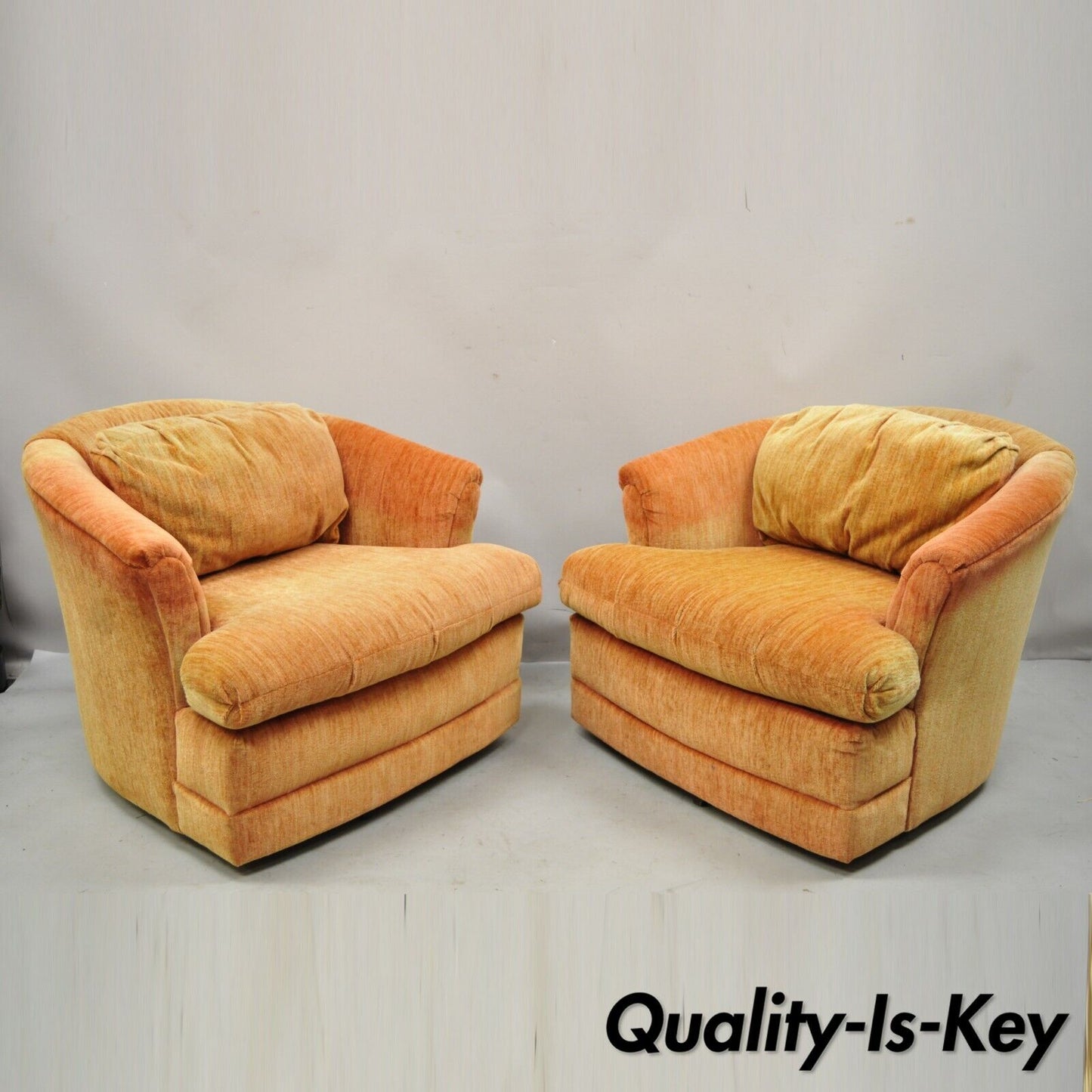 Flexsteel Mid Century Orange Upholstered Swivel Lounge Club Chairs - a Pair