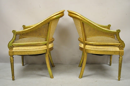 French Hollywood Regency Gold Gilt Barrel Back Cane Lounge Chairs - a Pair