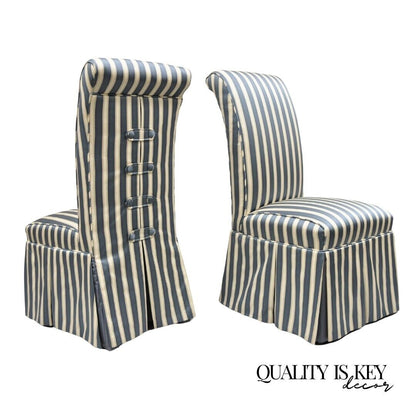 Custom Blue & Cream Striped Parsons Dining Chairs w/ Button Backs - Set of 6