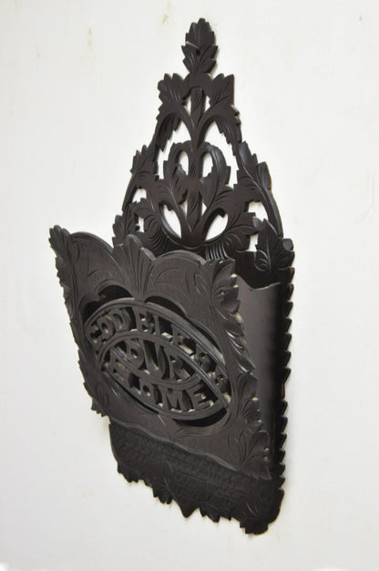 Victorian Black Forest Walnut Wall Pocket Letter Holder "God Bless Our Home"