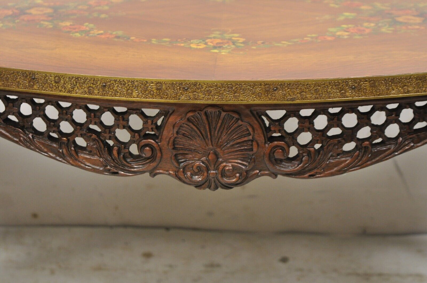 Vintage French Louis XV Style Walnut Coffee Table with Hand Painted Floral Top