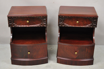 Pair Vtg Chinese Chippendale Flame Mahogany 2 Drawer Nightstands Bedside Tables