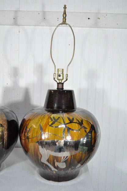 Pair Vintage Mid Century Modern Gazelle Ram Drip Glaze Pottery Table Lamps