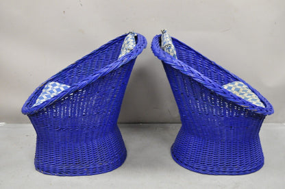 Vintage Mid Century Modern Blue Painted Wicker Rattan Pod Club Chairs - a Pair