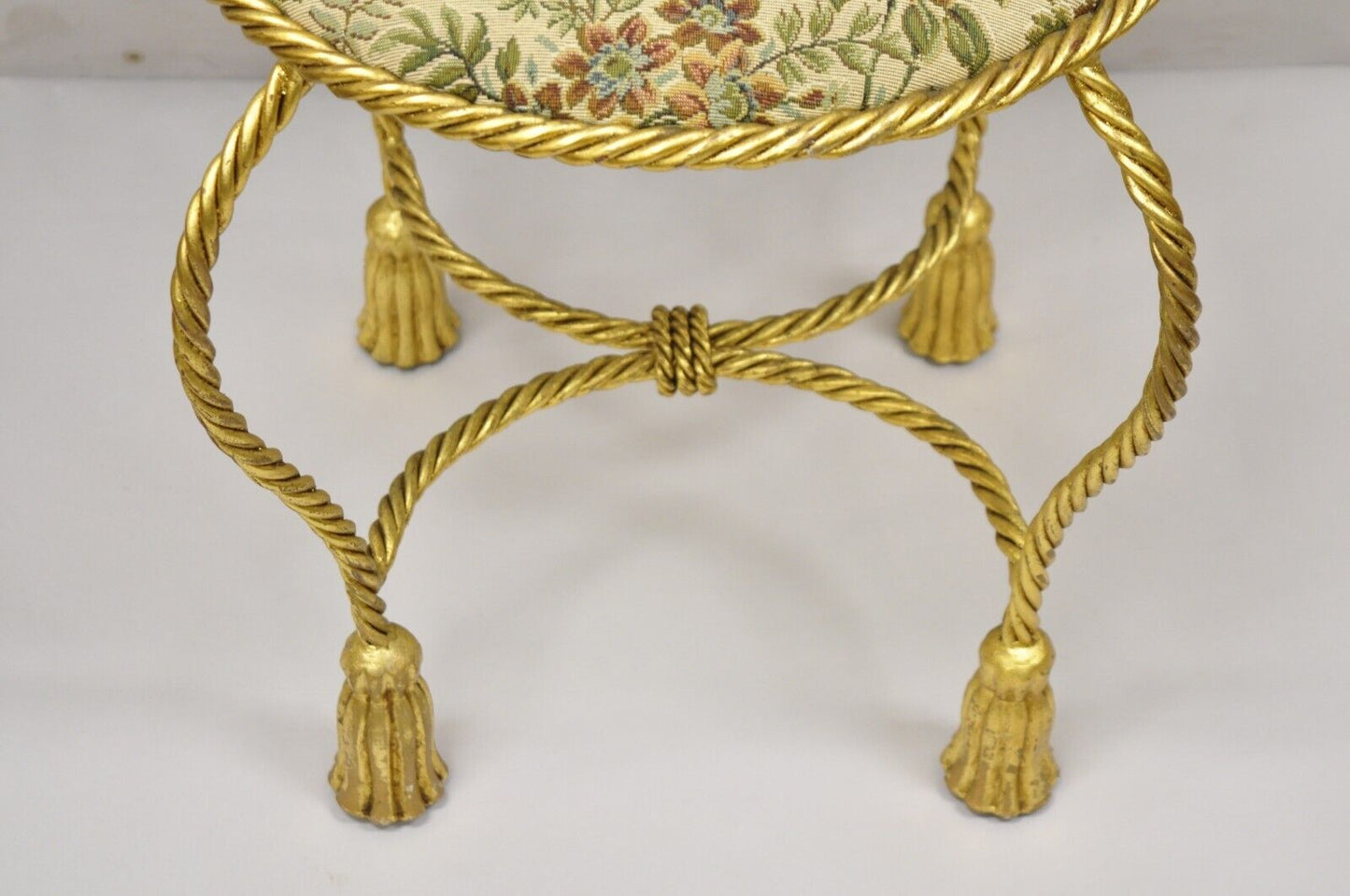 Italian Hollywood Regency Gold Gilt Iron Fan Rope Back Vanity Chair Tassel Feet