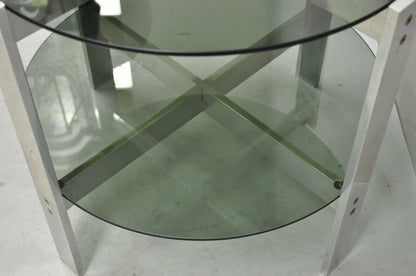 Vintage Mid Century Modern Round Smoked Glass 2 Tier Aluminum Base Side Table