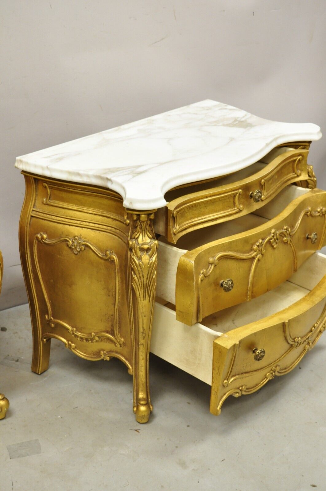 Vintage French Louis XV Style Gold Bombe Marble Top Nightstands - a Pair