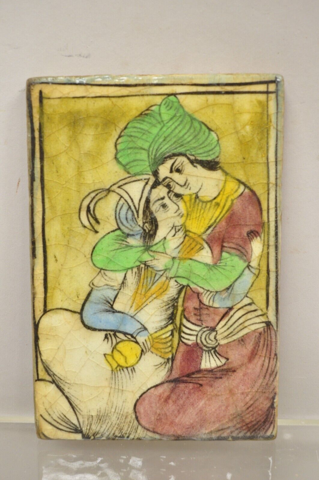 Antique Persian Iznik Qajar Style Yellow Ceramic Pottery Tile Loving Couple C5