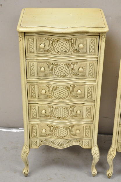 Pair Vtg French Country Provincial Style Cream Painted 5 Drawer Chest Nightstand
