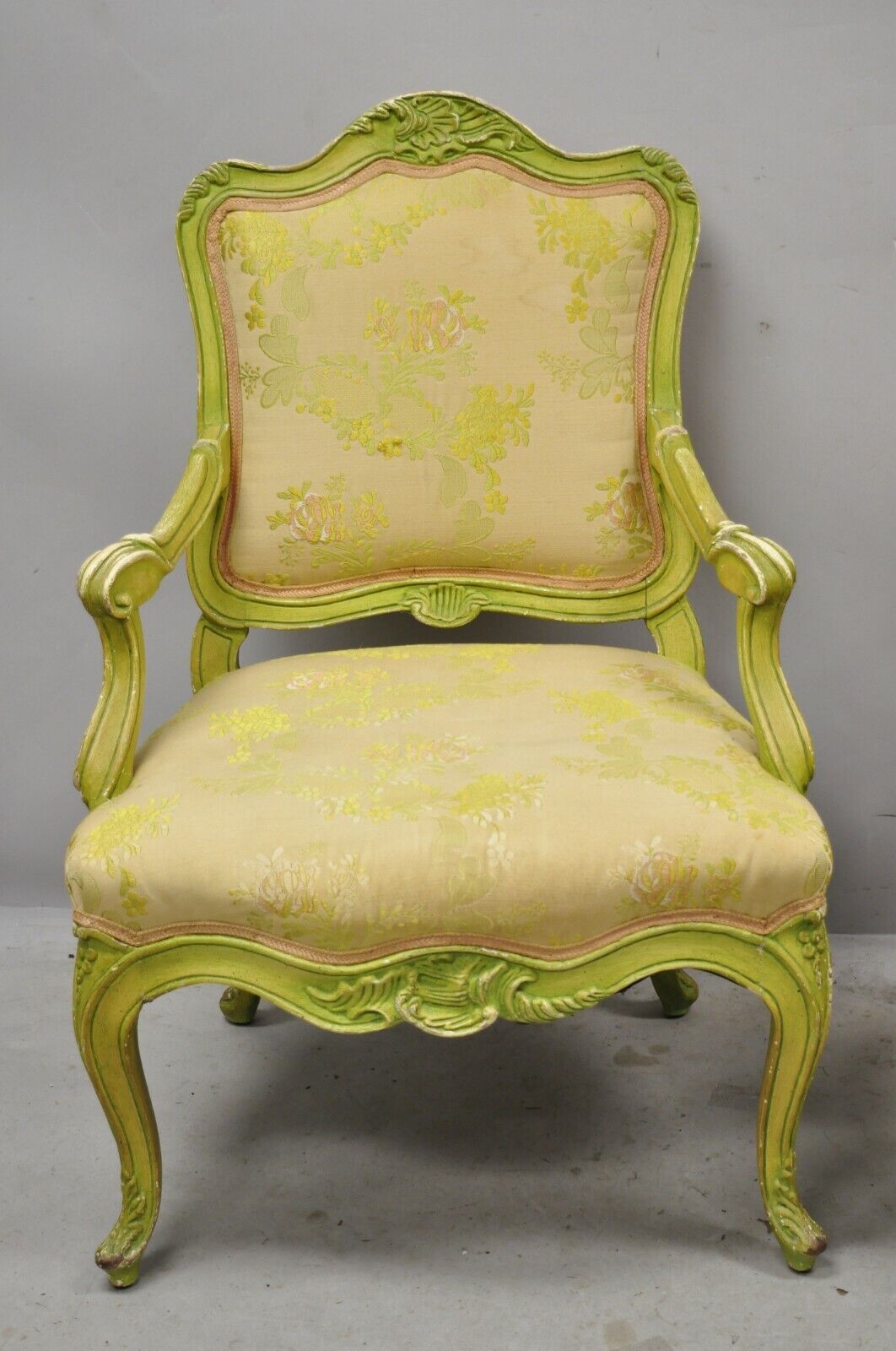 Italian Rococo Hollywood Regency Green Painted Fireside Lounge Arm Chairs - Pair