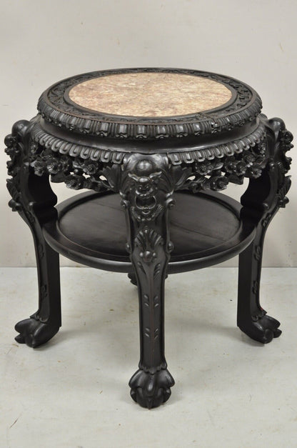 Antique Oriental Chinese Carved Hardwood Marble Top Foo Dog Side Table