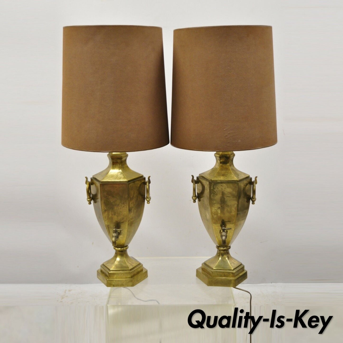 Paul Hanson Burnished Brass Samovar Urn Form Table Lamps with Shades - a Pair