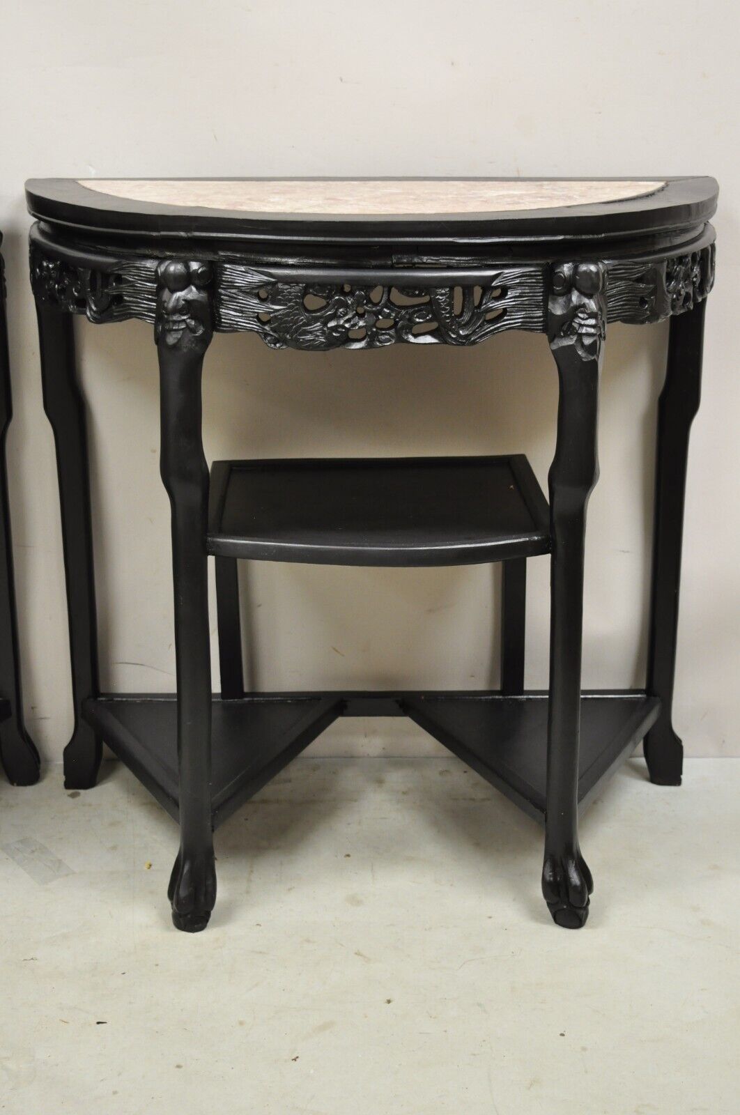 Vintage Chinese Chinoiserie Black Demilune Pink Marble Console Table - a Pair