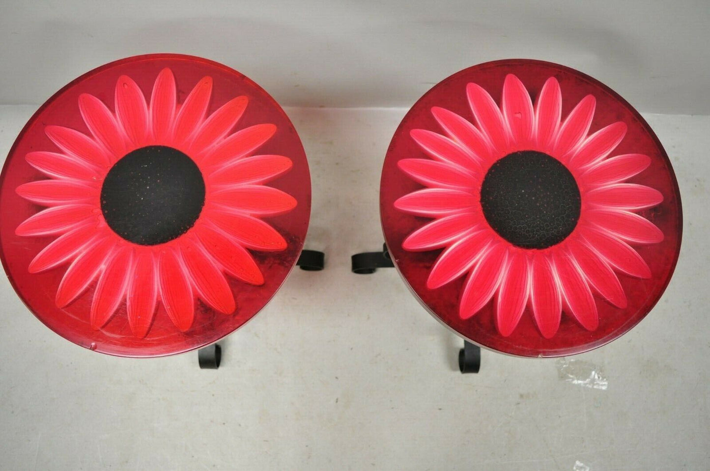 Vintage Wondermold Gamma Associates Red Resin Sun Flower Iron Side Tables - Pair