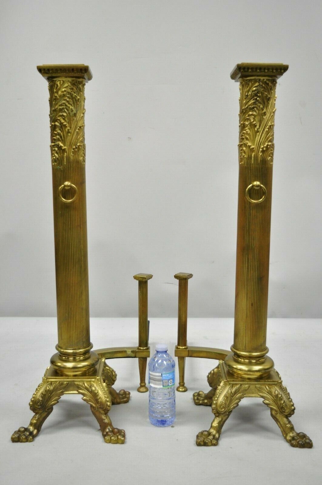 Large Pair 19th C. 32" Bronze French Empire Paw Foot Column Fireplace Andirons