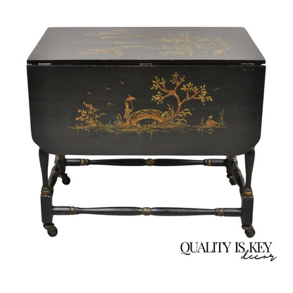 Antique Chinoiserie Asian Painted Small Black Dropleaf Side Table