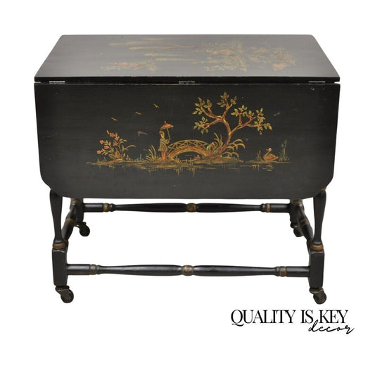 Antique Chinoiserie Asian Painted Small Black Dropleaf Side Table