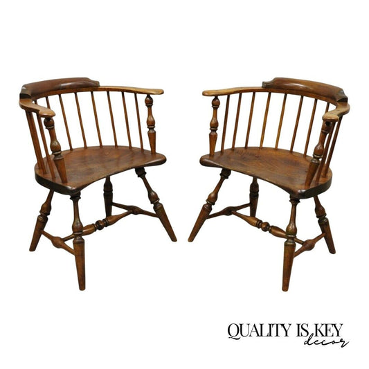 Antique Windsor Colonial Style Pine Wood Spindle Pub Arm Chairs - a Pair