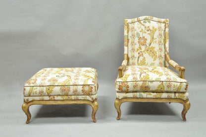 Nancy Corzine French Provincial Louis XV Style Bergere Lounge Chair and Ottoman