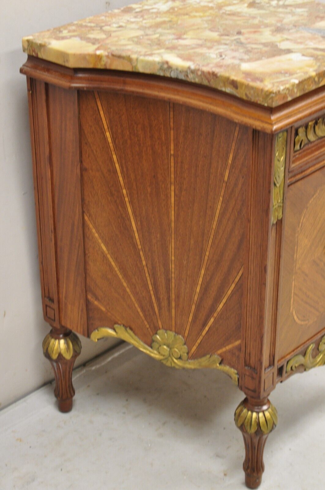 French Louis XVI Style Marble Top Satinwood Inlay Mahogany Nightstands - a Pair