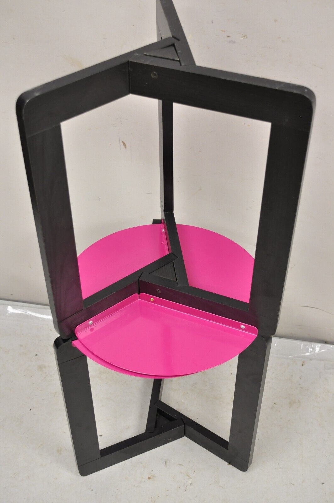 Vintage Memphis Style Steel and Wood Pink Tripod Side Table - A Pair